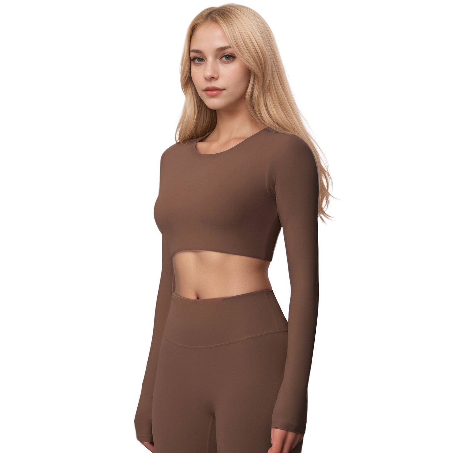 Anna-Kaci Women's Long Sleeve Active Crop Top with Crew Neckline Seamless Stretch Fit and Thumbhole Cuffs for Layered Comfort