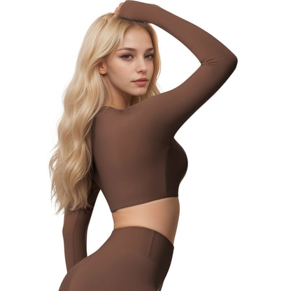 Anna-Kaci Women's Long Sleeve Active Crop Top with Crew Neckline Seamless Stretch Fit and Thumbhole Cuffs for Layered Comfort