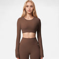 Anna-Kaci Women's Long Sleeve Active Crop Top with Crew Neckline Seamless Stretch Fit and Thumbhole Cuffs for Layered Comfort