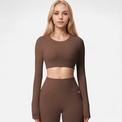 Anna-Kaci Women's Long Sleeve Active Crop Top with Crew Neckline Seamless Stretch Fit and Thumbhole Cuffs for Layered Comfort