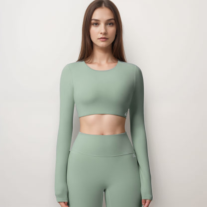 Anna-Kaci Women's Long Sleeve Active Crop Top with Crew Neckline Seamless Stretch Fit and Thumbhole Cuffs for Layered Comfort