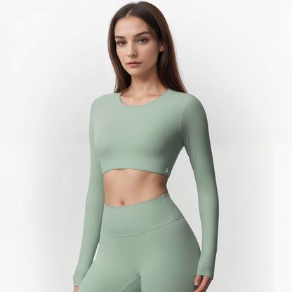 Anna-Kaci Women's Long Sleeve Active Crop Top with Crew Neckline Seamless Stretch Fit and Thumbhole Cuffs for Layered Comfort