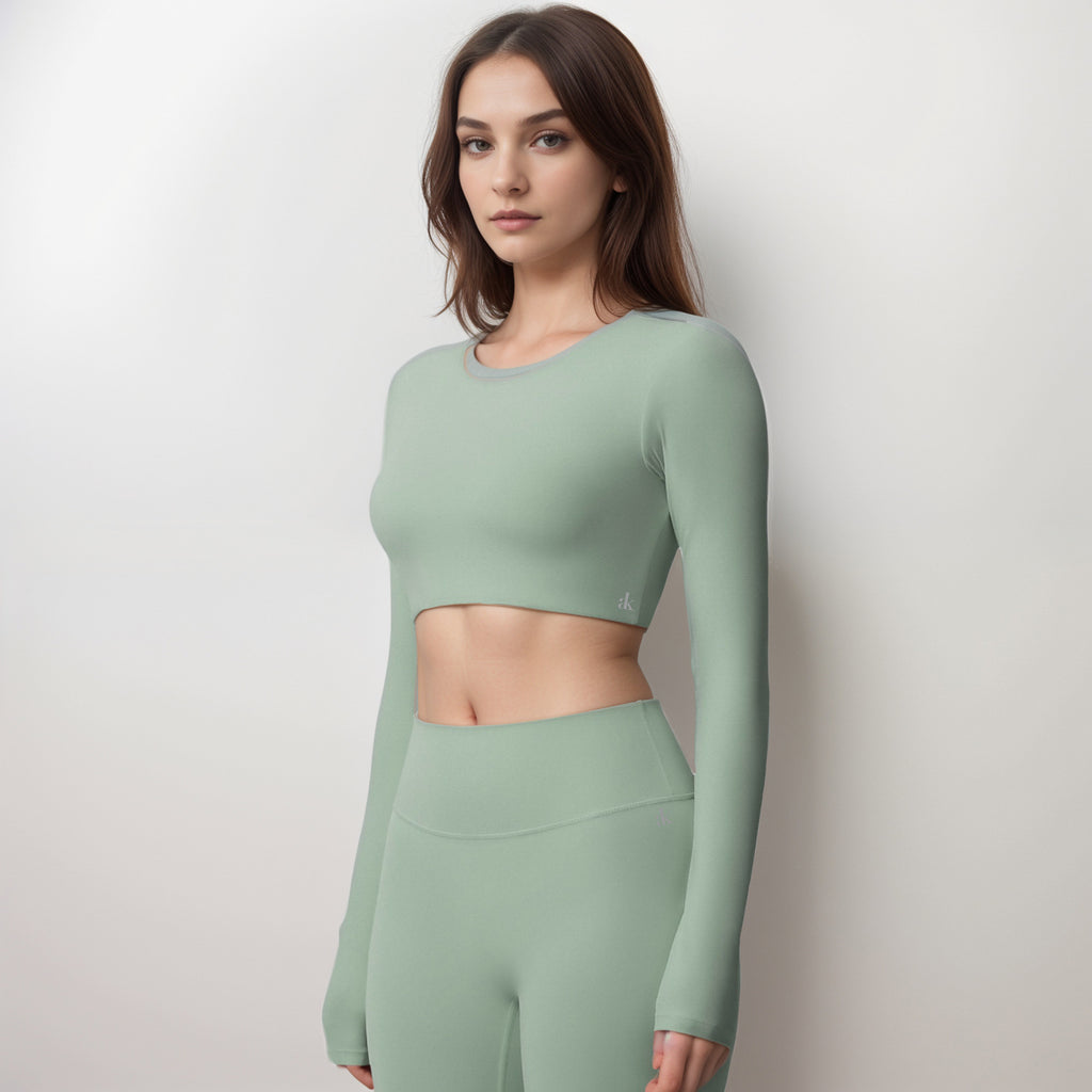 Anna-Kaci Women's Long Sleeve Active Crop Top with Crew Neckline Seamless Stretch Fit and Thumbhole Cuffs for Layered Comfort