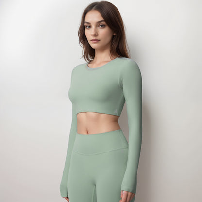 Anna-Kaci Women's Long Sleeve Active Crop Top with Crew Neckline Seamless Stretch Fit and Thumbhole Cuffs for Layered Comfort