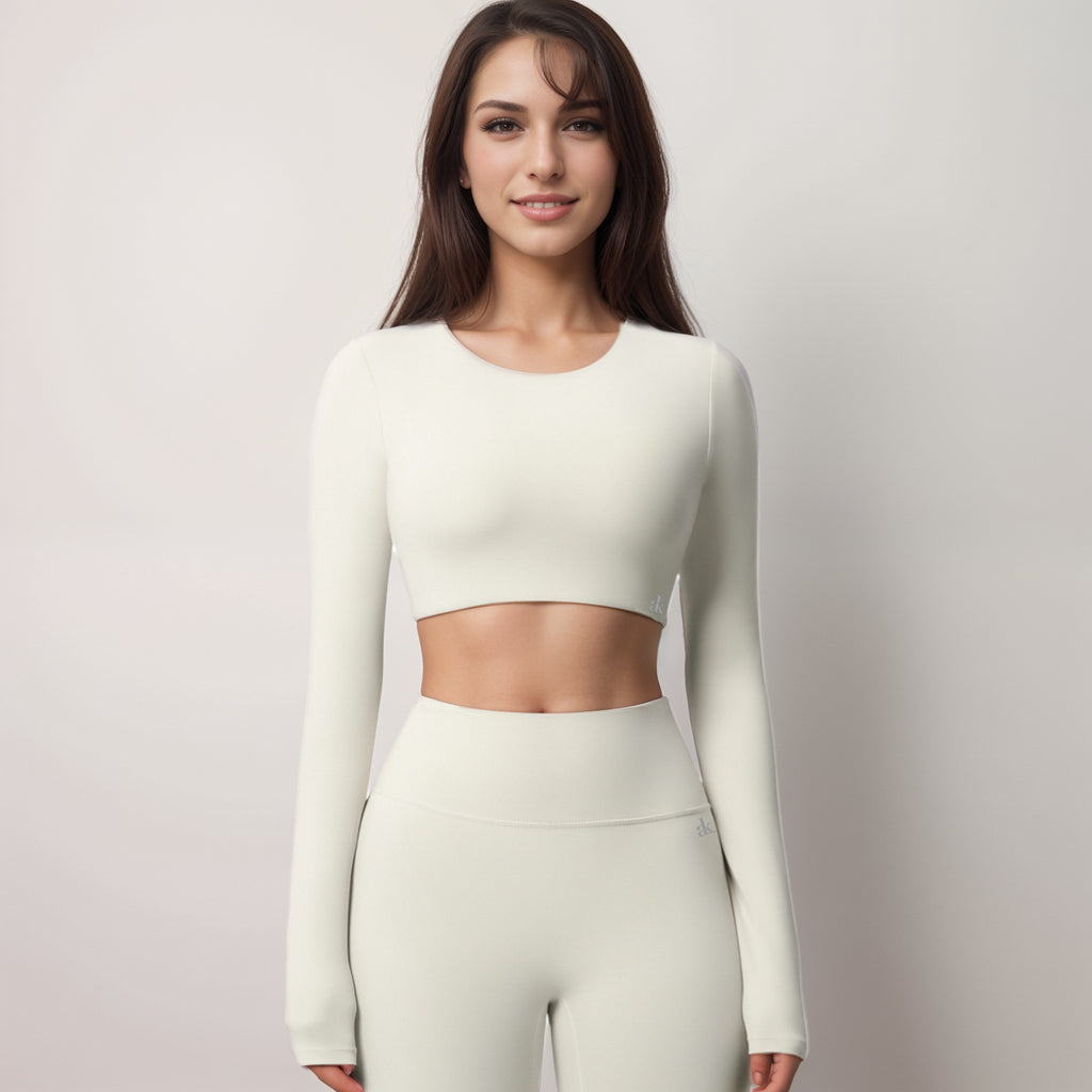 Anna-Kaci Women's Long Sleeve Active Crop Top with Crew Neckline Seamless Stretch Fit and Thumbhole Cuffs for Layered Comfort