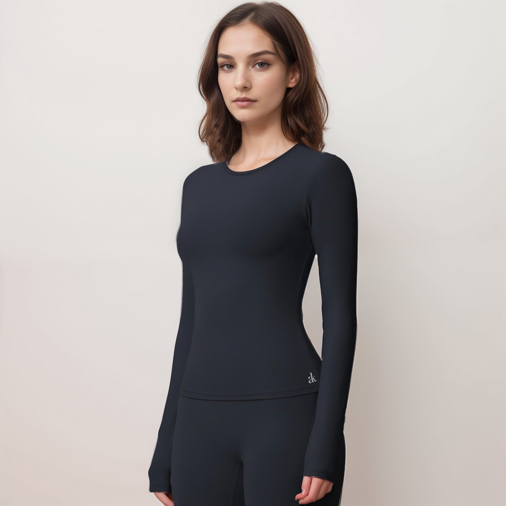 Anna-Kaci Women's Long Sleeve Active Top with Crew Neckline Seamless Fitted Silhouette and Thumbhole Cuffs for Layered Comfort