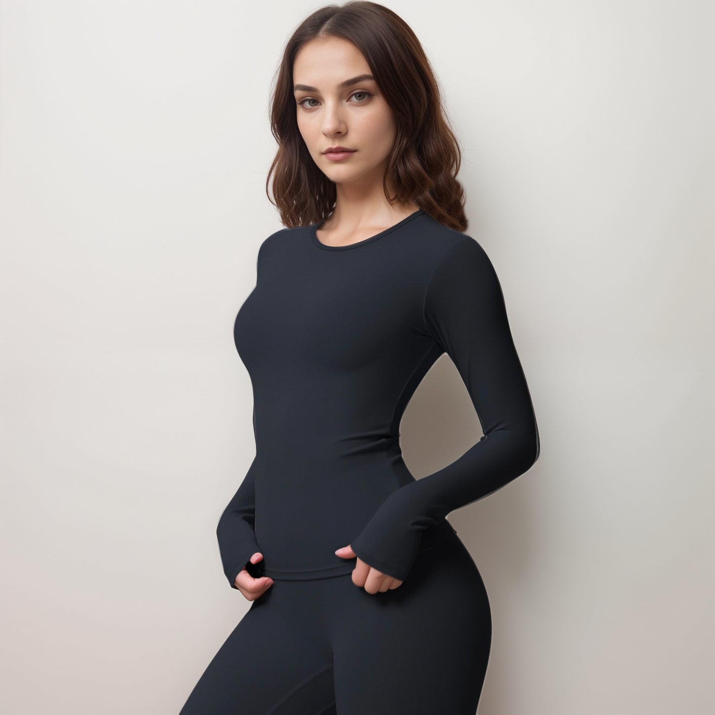 Anna-Kaci Women's Long Sleeve Active Top with Crew Neckline Seamless Fitted Silhouette and Thumbhole Cuffs for Layered Comfort