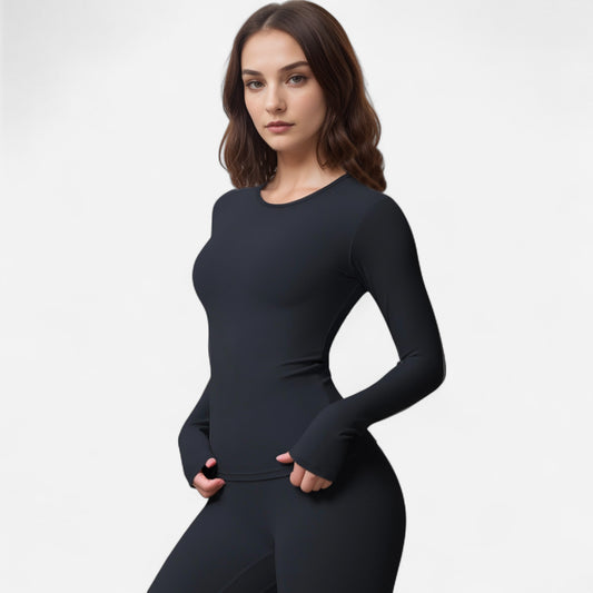 Anna-Kaci Women's Long Sleeve Active Top with Crew Neckline Seamless Fitted Silhouette and Thumbhole Cuffs for Layered Comfort