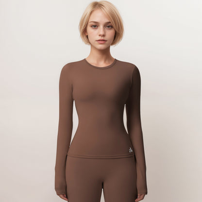 Anna-Kaci Women's Long Sleeve Active Top with Crew Neckline Seamless Fitted Silhouette and Thumbhole Cuffs for Layered Comfort