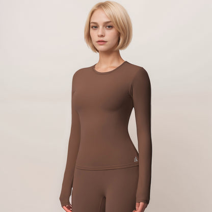 Anna-Kaci Women's Long Sleeve Active Top with Crew Neckline Seamless Fitted Silhouette and Thumbhole Cuffs for Layered Comfort