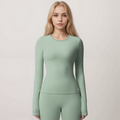 Anna-Kaci Women's Long Sleeve Active Top with Crew Neckline Seamless Fitted Silhouette and Thumbhole Cuffs for Layered Comfort