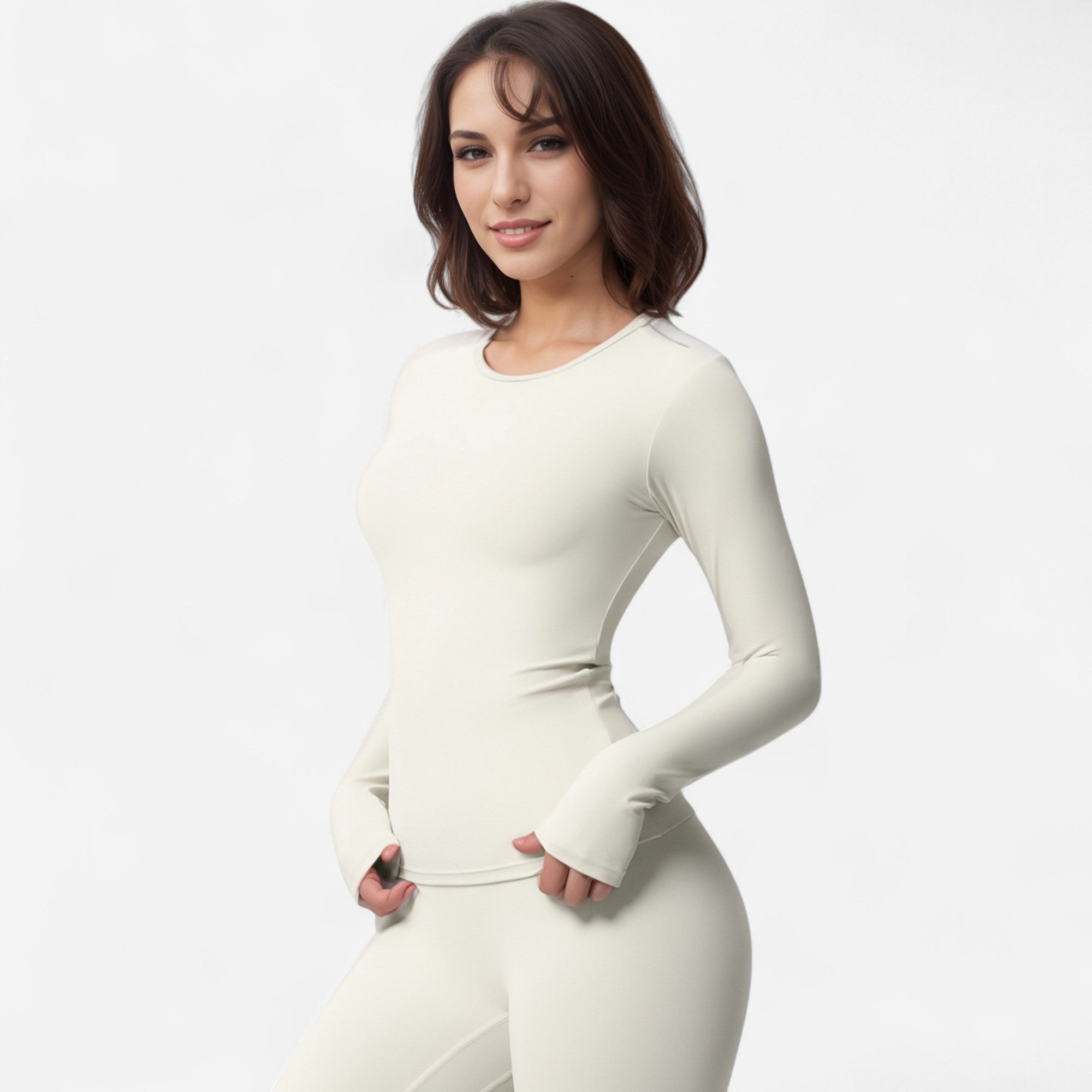 Anna-Kaci Women's Long Sleeve Active Top with Crew Neckline Seamless Fitted Silhouette and Thumbhole Cuffs for Layered Comfort