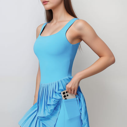 Anna-Kaci Women's Sleeveless Athletic Dress with Built-In Shorts Pleated Wrap Skirt and Stretch Fabric with Side Pocket