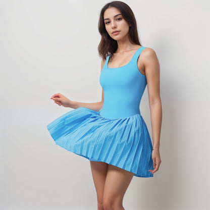 Anna-Kaci Women's Sleeveless Athletic Dress with Built-In Shorts Pleated Wrap Skirt and Stretch Fabric with Side Pocket