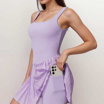 Anna-Kaci Women's Sleeveless Athletic Dress with Built-In Shorts Pleated Wrap Skirt and Stretch Fabric with Side Pocket