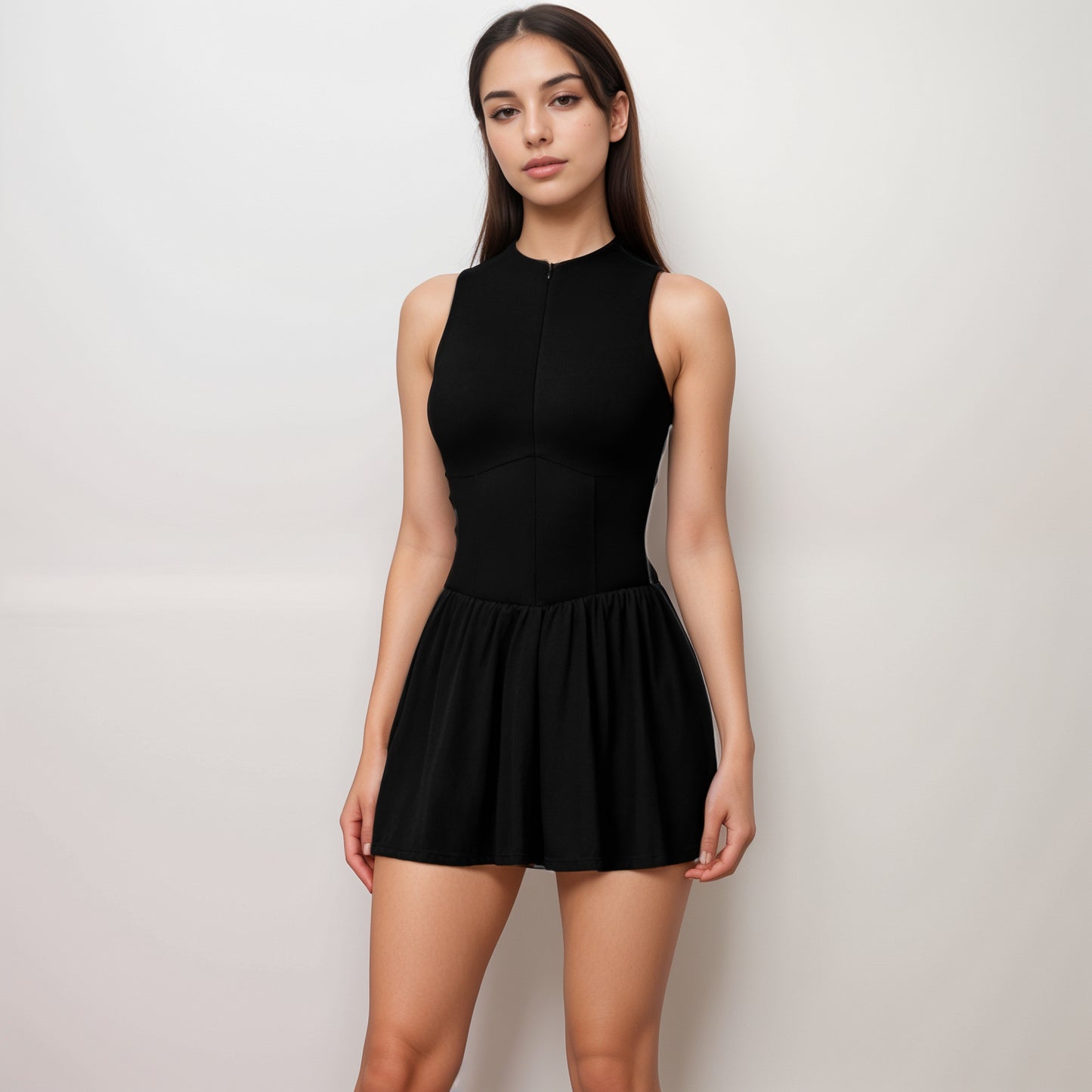 Anna-Kaci Women's High Neck Sleeveless Activewear Romper with Flowy Skirt Overlay and Built-In Shorts