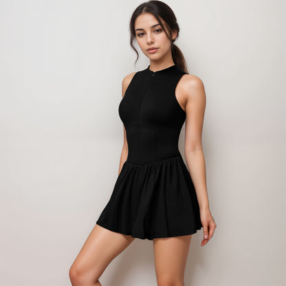 Anna-Kaci Women's High Neck Sleeveless Activewear Romper with Flowy Skirt Overlay and Built-In Shorts