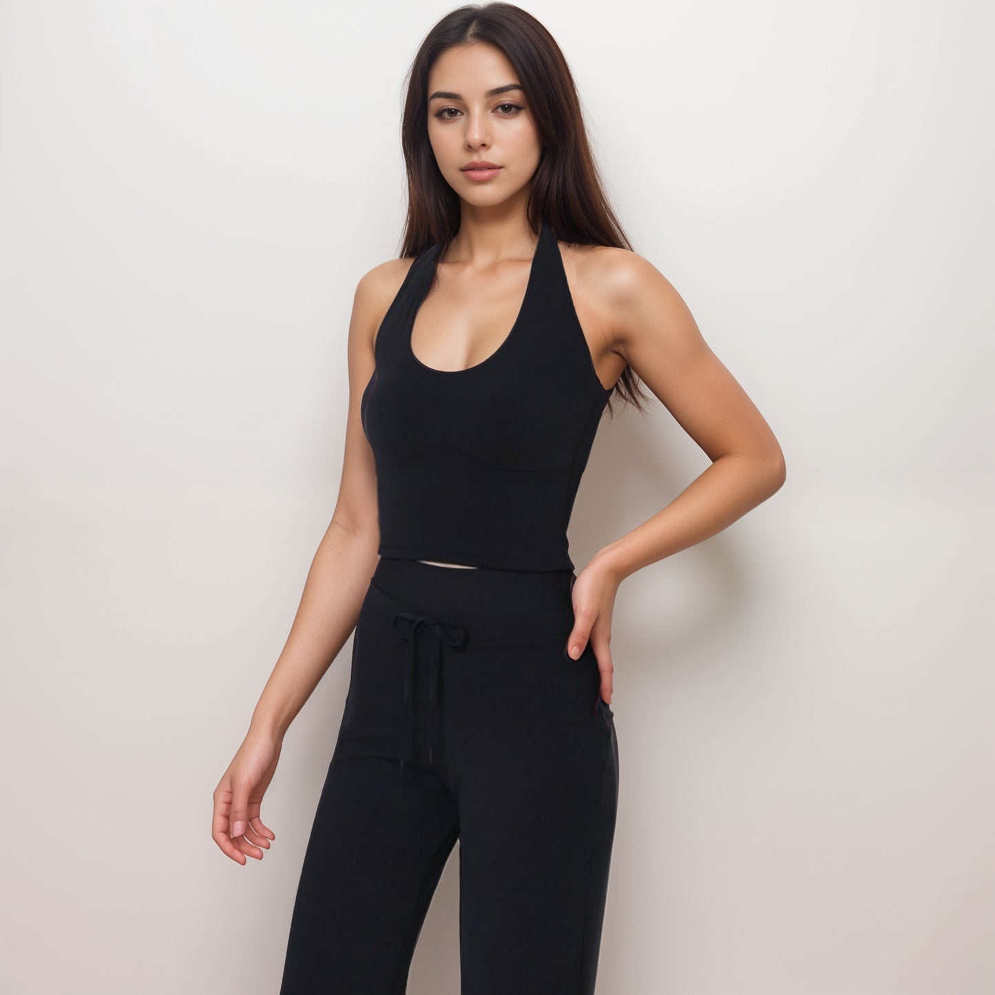 Anna-Kaci Women's Halter Active Tank Top with Scoop Neckline Seamless Stretch Fit and Built-In Light Support Shelf