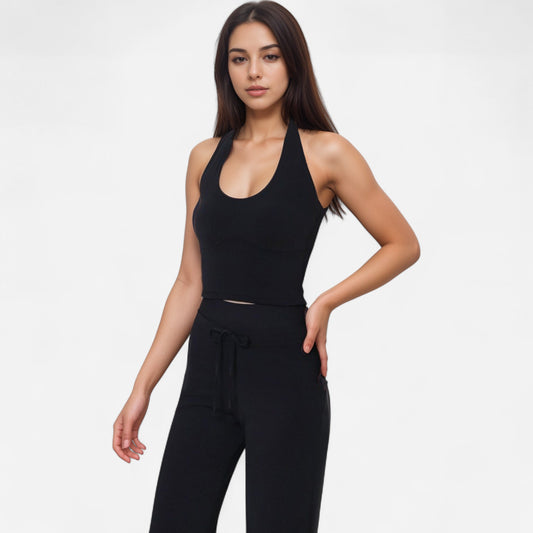 Anna-Kaci Women's Halter Active Tank Top with Scoop Neckline Seamless Stretch Fit and Built-In Light Support Shelf