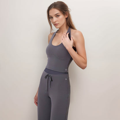 Anna-Kaci Women's Halter Active Tank Top with Scoop Neckline Seamless Stretch Fit and Built-In Light Support Shelf