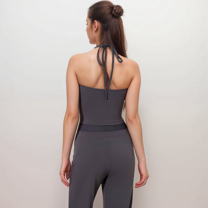 Anna-Kaci Women's Halter Active Tank Top with Scoop Neckline Seamless Stretch Fit and Built-In Light Support Shelf