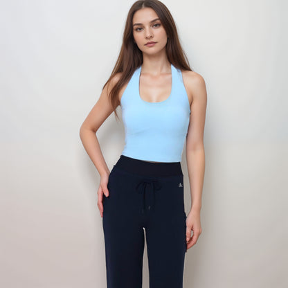 Anna-Kaci Women's Halter Active Tank Top with Scoop Neckline Seamless Stretch Fit and Built-In Light Support Shelf