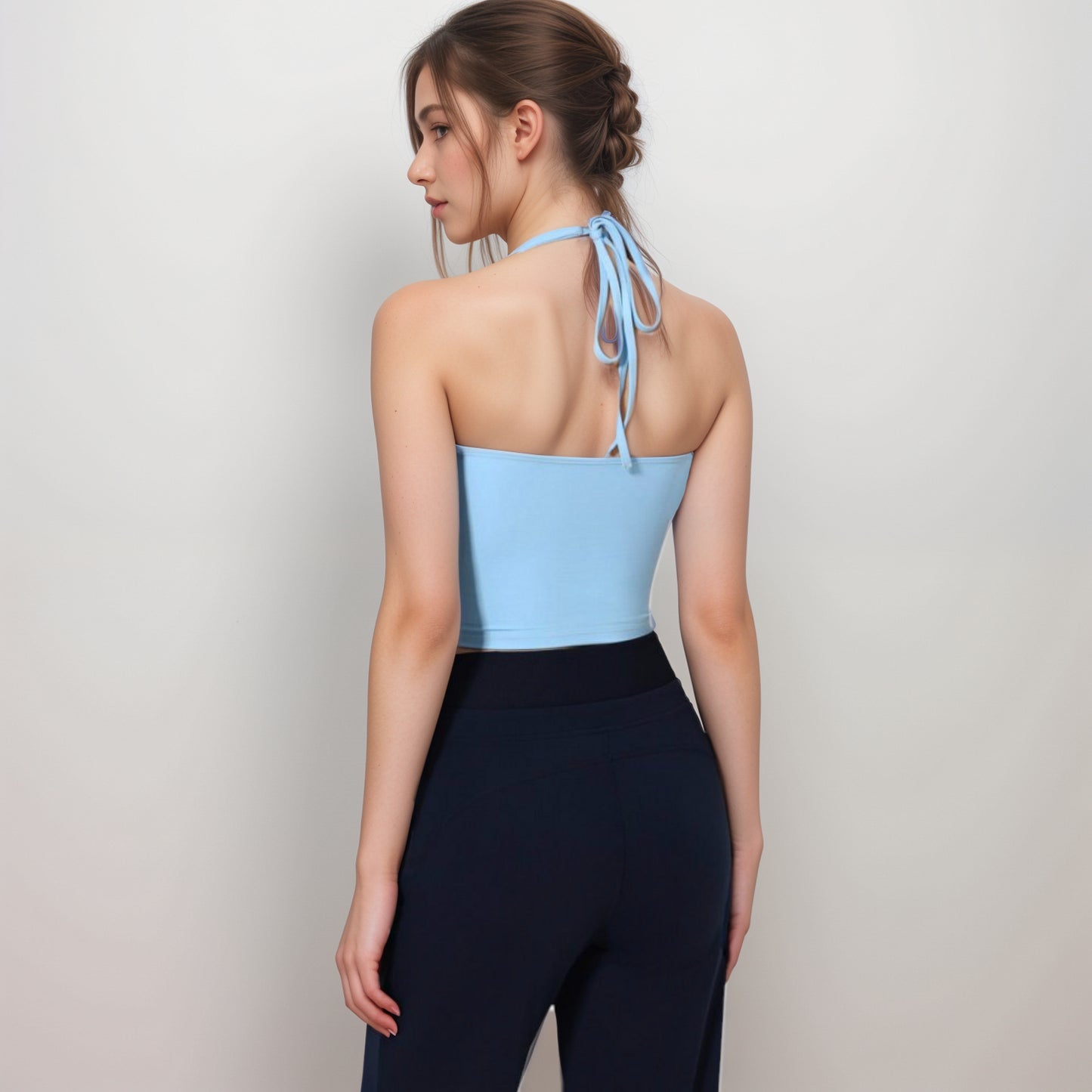 Anna-Kaci Women's Halter Active Tank Top with Scoop Neckline Seamless Stretch Fit and Built-In Light Support Shelf