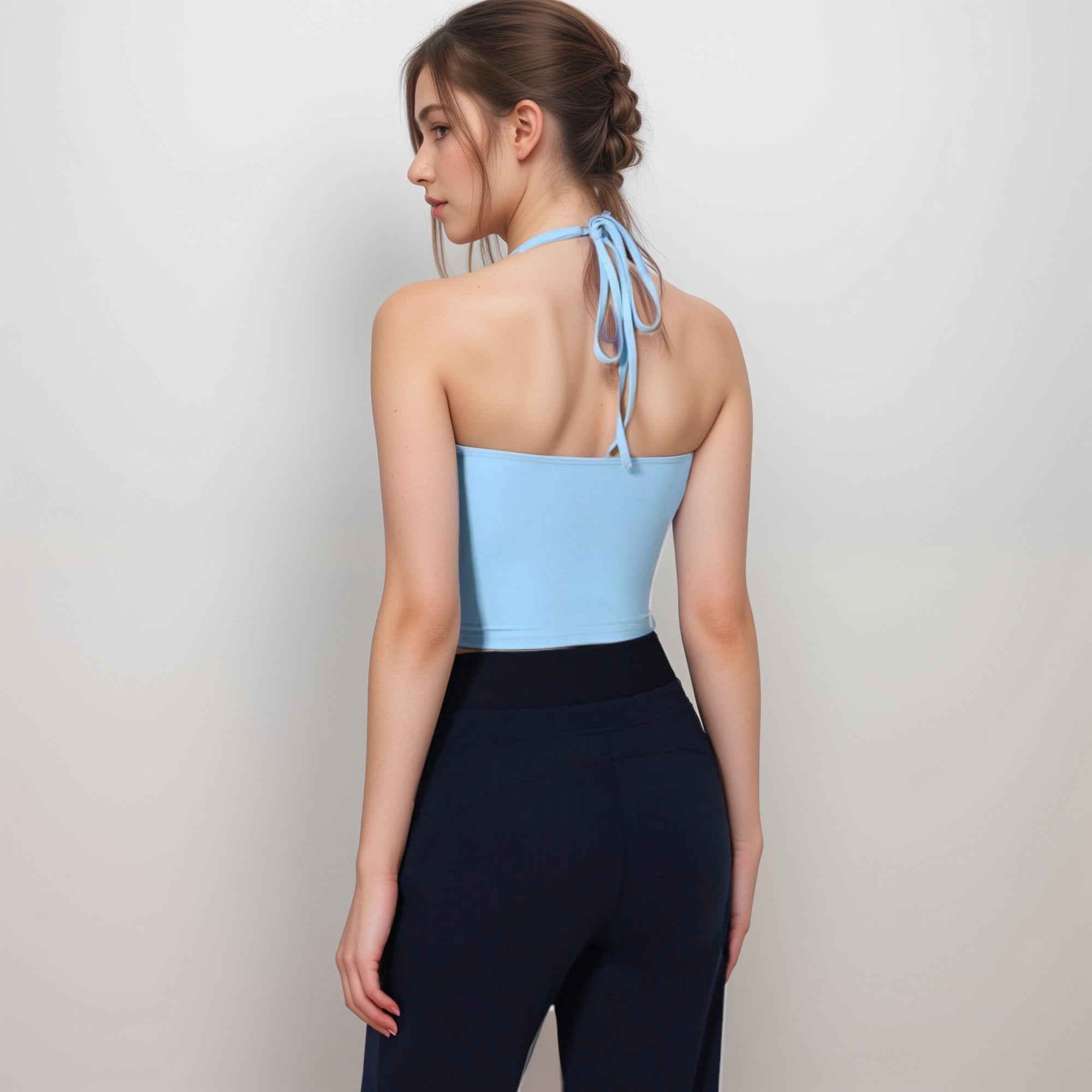 Anna-Kaci Women's Halter Active Tank Top with Scoop Neckline Seamless Stretch Fit and Built-In Light Support Shelf