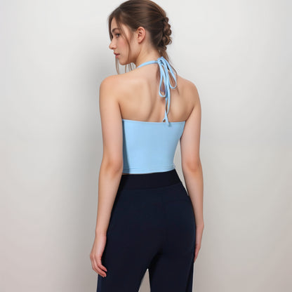 Anna-Kaci Women's Halter Active Tank Top with Scoop Neckline Seamless Stretch Fit and Built-In Light Support Shelf