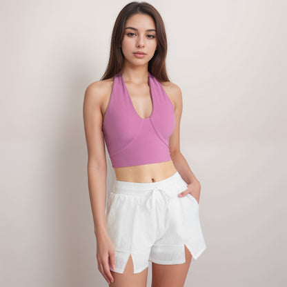 Anna-Kaci Women's Ribbed Halter Crop Tank Top with Deep V Neckline Seam Detailing and Stretch Fabric for Light Support Fit