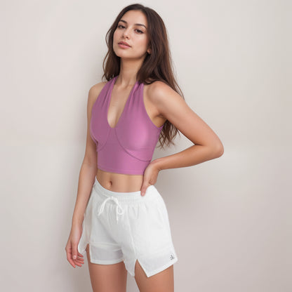 Anna-Kaci Women's Ribbed Halter Crop Tank Top with Deep V Neckline Seam Detailing and Stretch Fabric for Light Support Fit