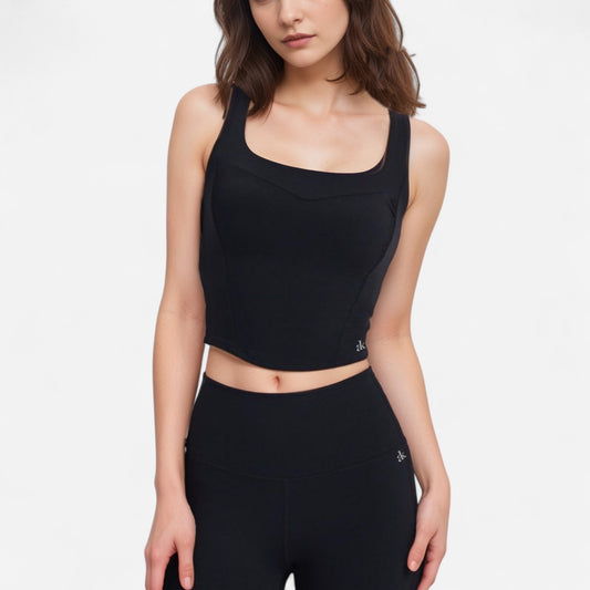 Anna-Kaci Women's Square Neck Active Crop Tank Top with Contour Seams Wide Straps and Sculpting Stretch Performance Fabric