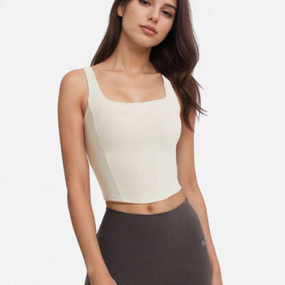 Anna-Kaci Women's Square Neck Active Crop Tank Top with Contour Seams Wide Straps and Sculpting Stretch Performance Fabric