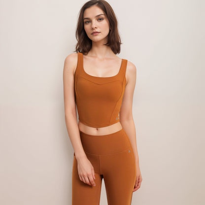 Anna-Kaci Women's Square Neck Active Crop Tank Top with Contour Seams Wide Straps and Sculpting Stretch Performance Fabric