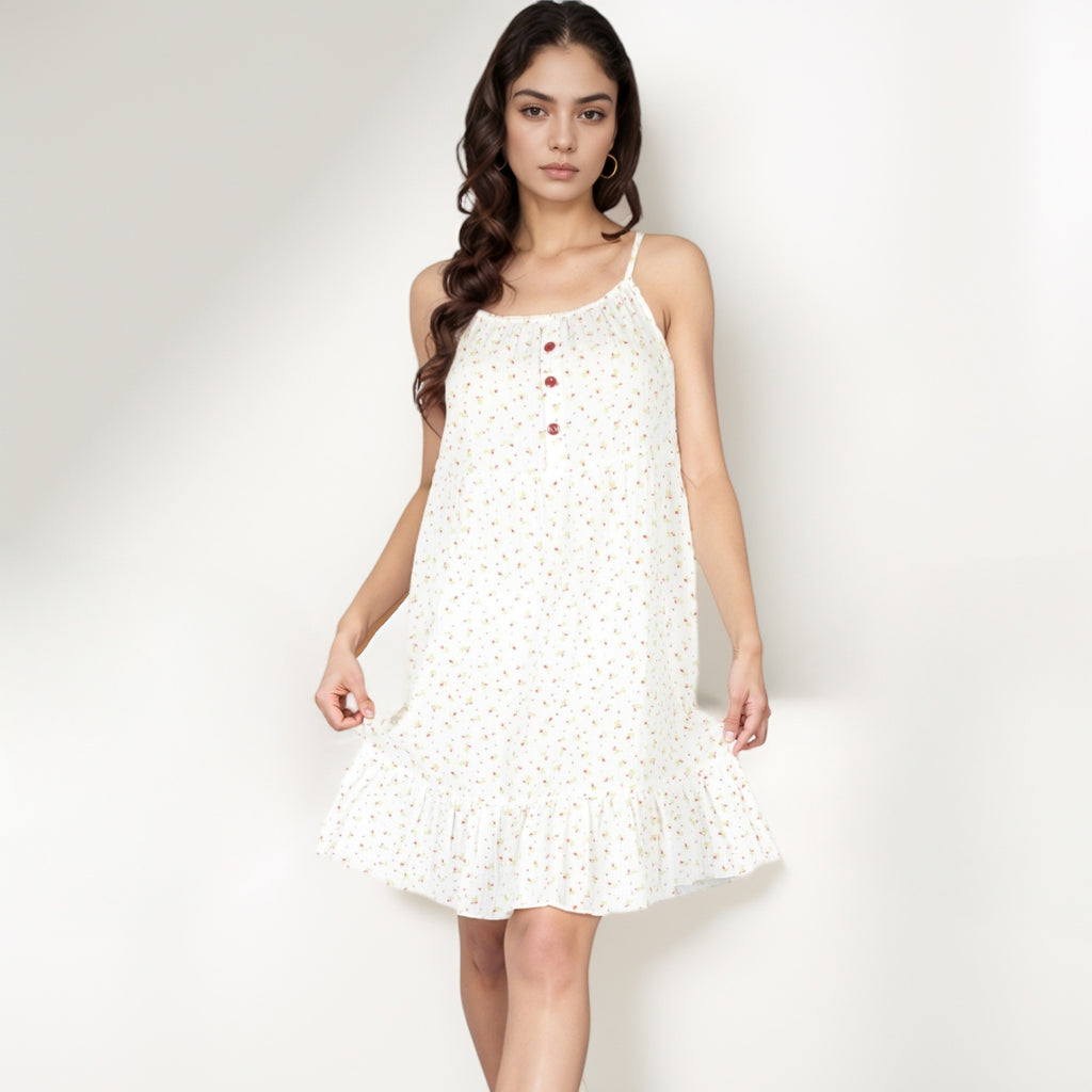 Anna-Kaci Women's Sleeveless Mini Floral Sleepdress with Button Front Detail and Ruffle Hem