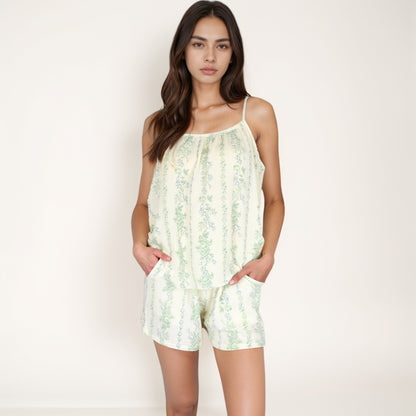 Anna-Kaci Women's Floral Stripe Camisole and Lounge Shorts Set with Elastic Waist and Relaxed Fit