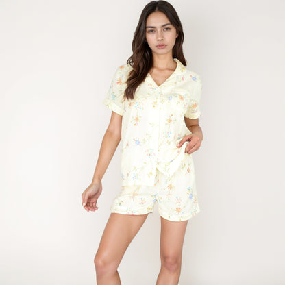 Anna-Kaci Women's Floral Short Sleeve Button-Up Pajama Shirt and Lounge Shorts Set with Rolled Cuffs