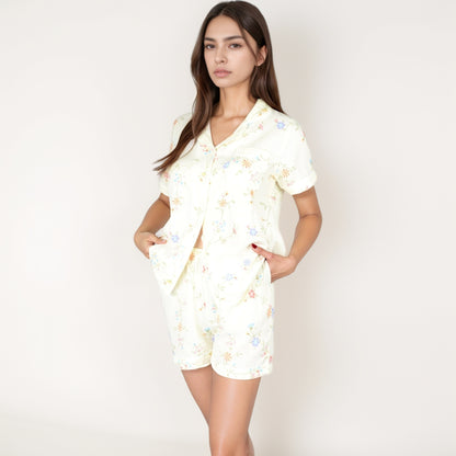 Anna-Kaci Women's Floral Short Sleeve Button-Up Pajama Shirt and Lounge Shorts Set with Rolled Cuffs