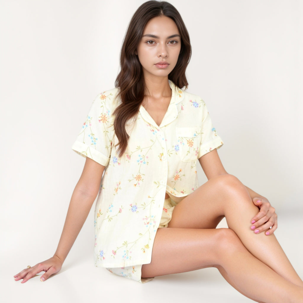 Anna-Kaci Women's Floral Short Sleeve Button-Up Pajama Shirt and Lounge Shorts Set with Rolled Cuffs