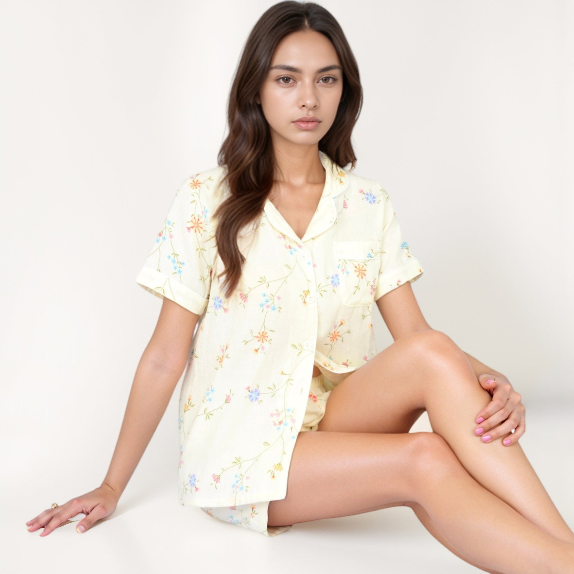 Anna-Kaci Women's Floral Short Sleeve Button-Up Pajama Shirt and Lounge Shorts Set with Rolled Cuffs