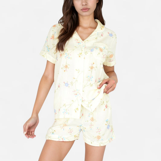Anna-Kaci Women's Floral Short Sleeve Button-Up Pajama Shirt and Lounge Shorts Set with Rolled Cuffs