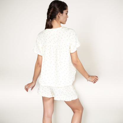 Anna-Kaci Women's Ditsy Floral Pajama Lounge Set with Ruffle Hem Shorts and Short Sleeve Pintuck Top
