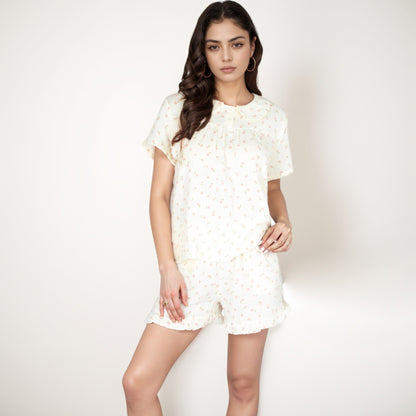 Anna-Kaci Women's Ditsy Floral Pajama Lounge Set with Ruffle Hem Shorts and Short Sleeve Pintuck Top