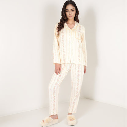Anna-Kaci Women's Floral Stripe Long Sleeve Pajama Set with Button-Up Top Chest Pocket and Elastic Waist Pants in Lightweight Fabric