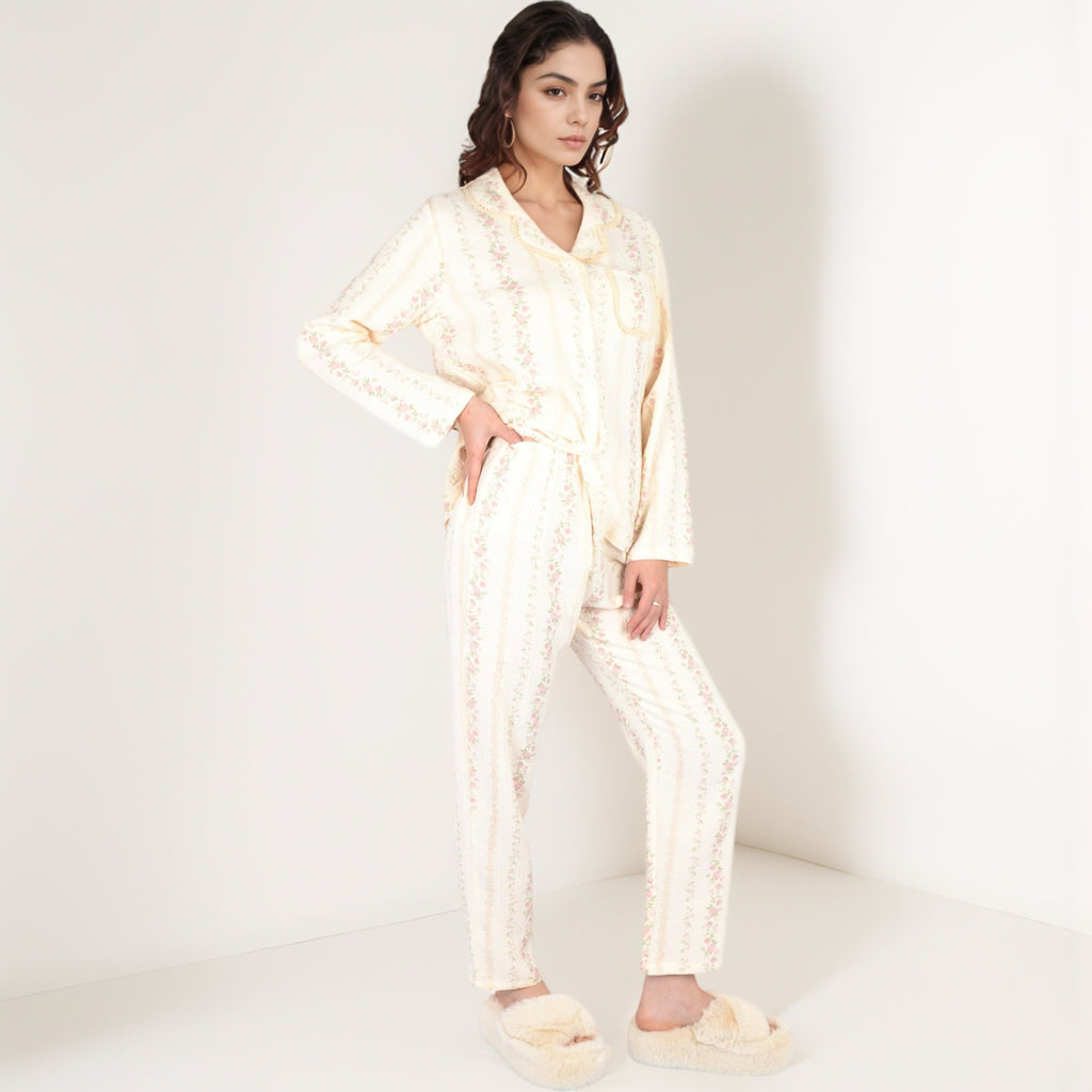 Anna-Kaci Women's Floral Stripe Long Sleeve Pajama Set with Button-Up Top Chest Pocket and Elastic Waist Pants in Lightweight Fabric
