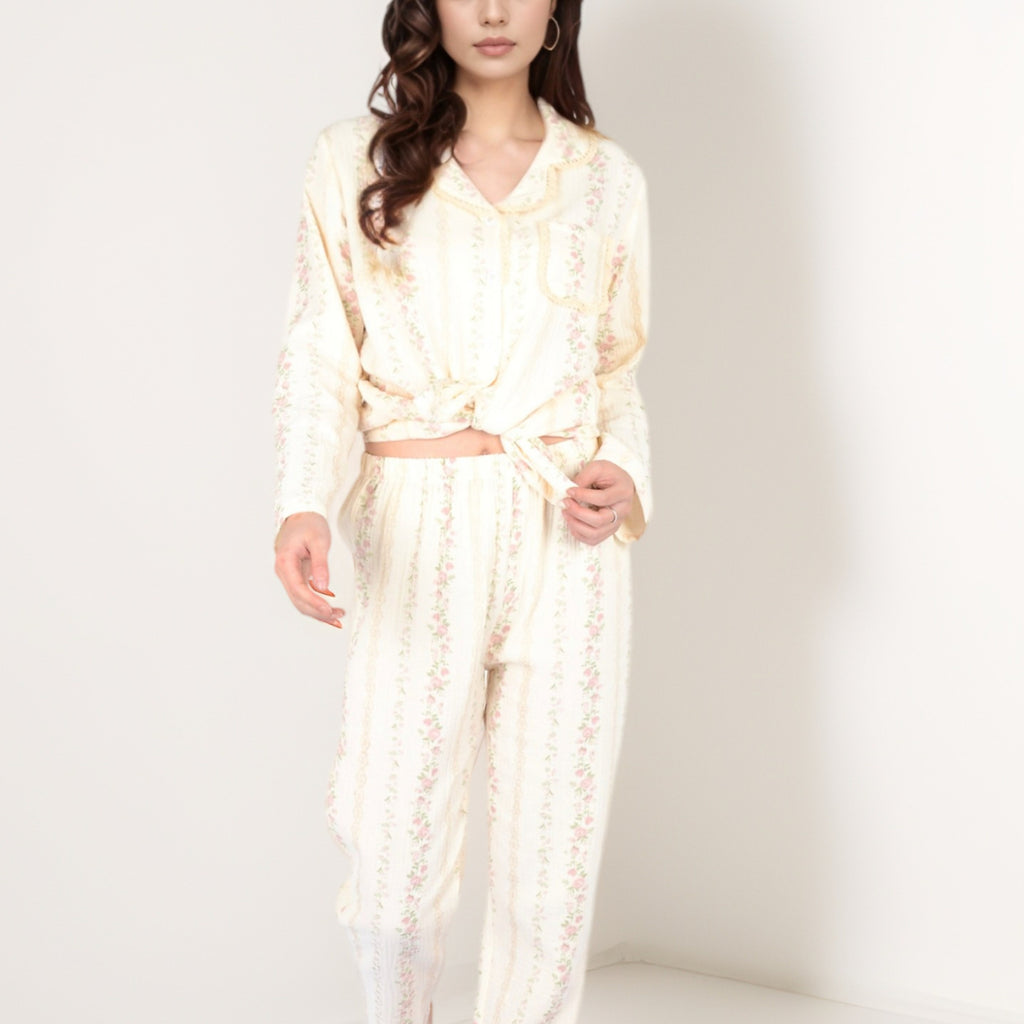 Anna-Kaci Women's Floral Stripe Long Sleeve Pajama Set with Button-Up Top Chest Pocket and Elastic Waist Pants in Lightweight Fabric
