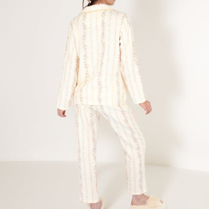 Anna-Kaci Women's Floral Stripe Long Sleeve Pajama Set with Button-Up Top Chest Pocket and Elastic Waist Pants in Lightweight Fabric
