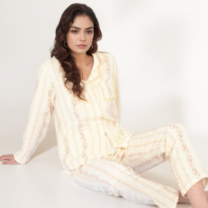 Anna-Kaci Women's Floral Stripe Long Sleeve Pajama Set with Button-Up Top Chest Pocket and Elastic Waist Pants in Lightweight Fabric