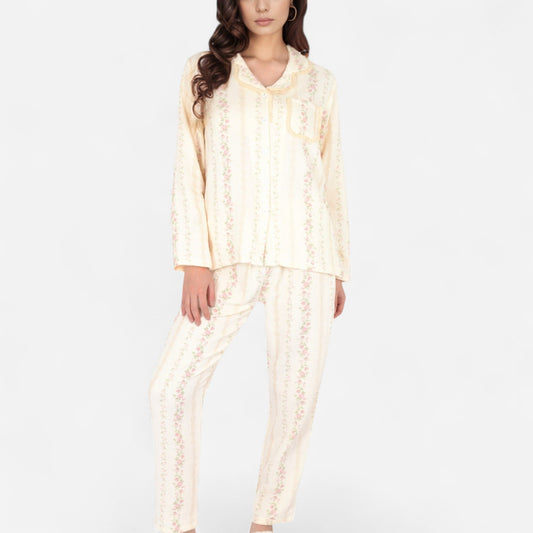 Anna-Kaci Women's Floral Stripe Long Sleeve Pajama Set with Button-Up Top Chest Pocket and Elastic Waist Pants in Lightweight Fabric