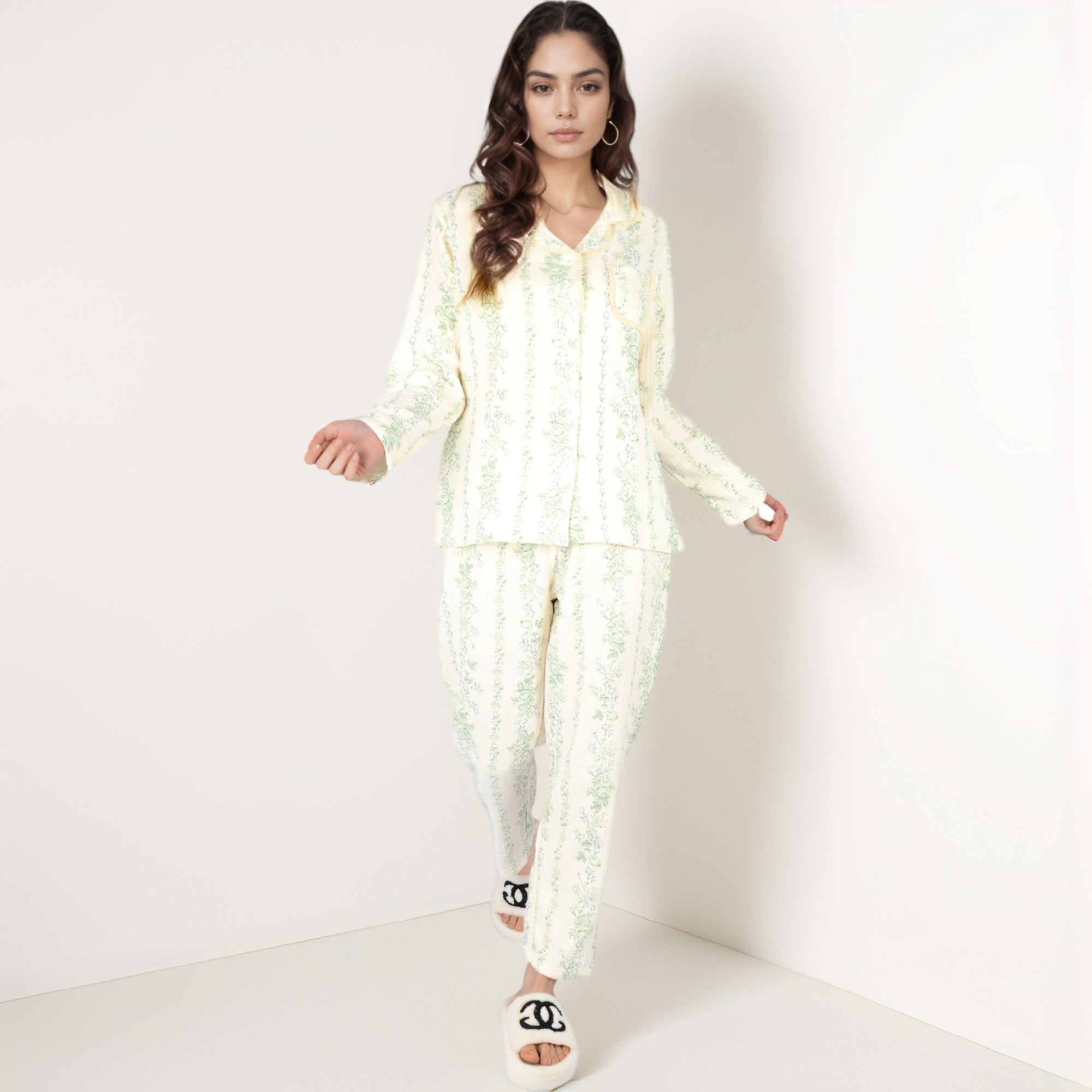 Anna-Kaci Women's Floral Stripe Long Sleeve Pajama Set with Button-Up Top Chest Pocket and Elastic Waist Pants in Lightweight Fabric